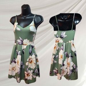 Monteau Olive Green Floral Spaghetti-Strap Mini Dress